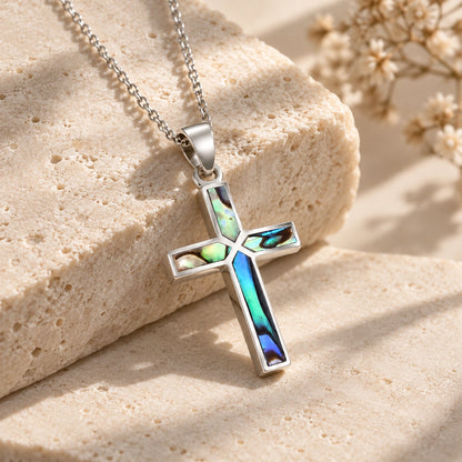 Silver Abalone Cross Necklace