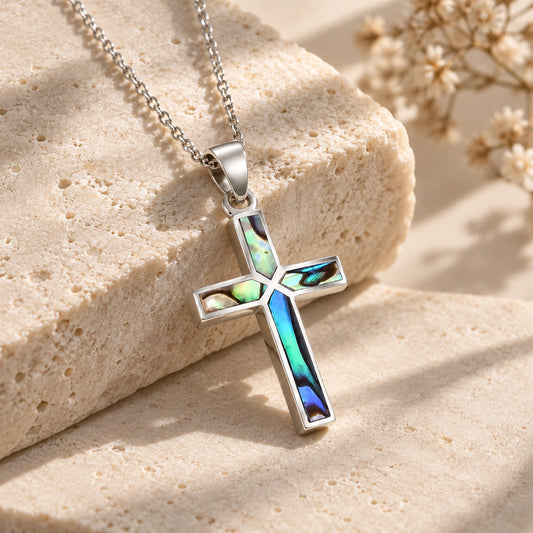 Silver Abalone Cross Necklace